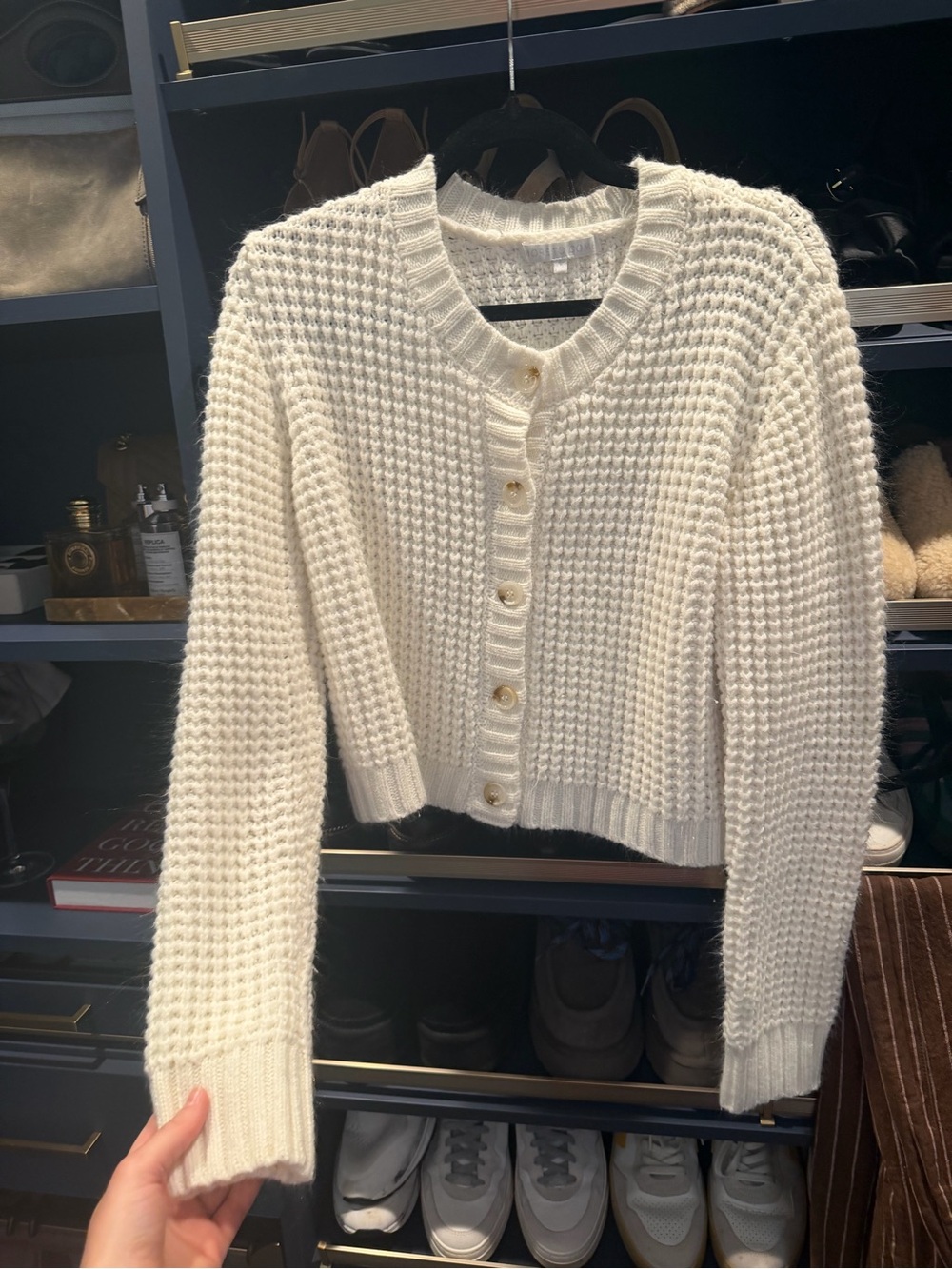Cream Cropped Waffle-Knit Button Cardigan